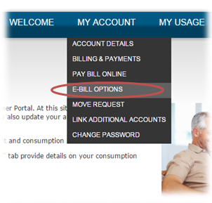 Navigation menu with My Account expanded and E-Bill Options link selected